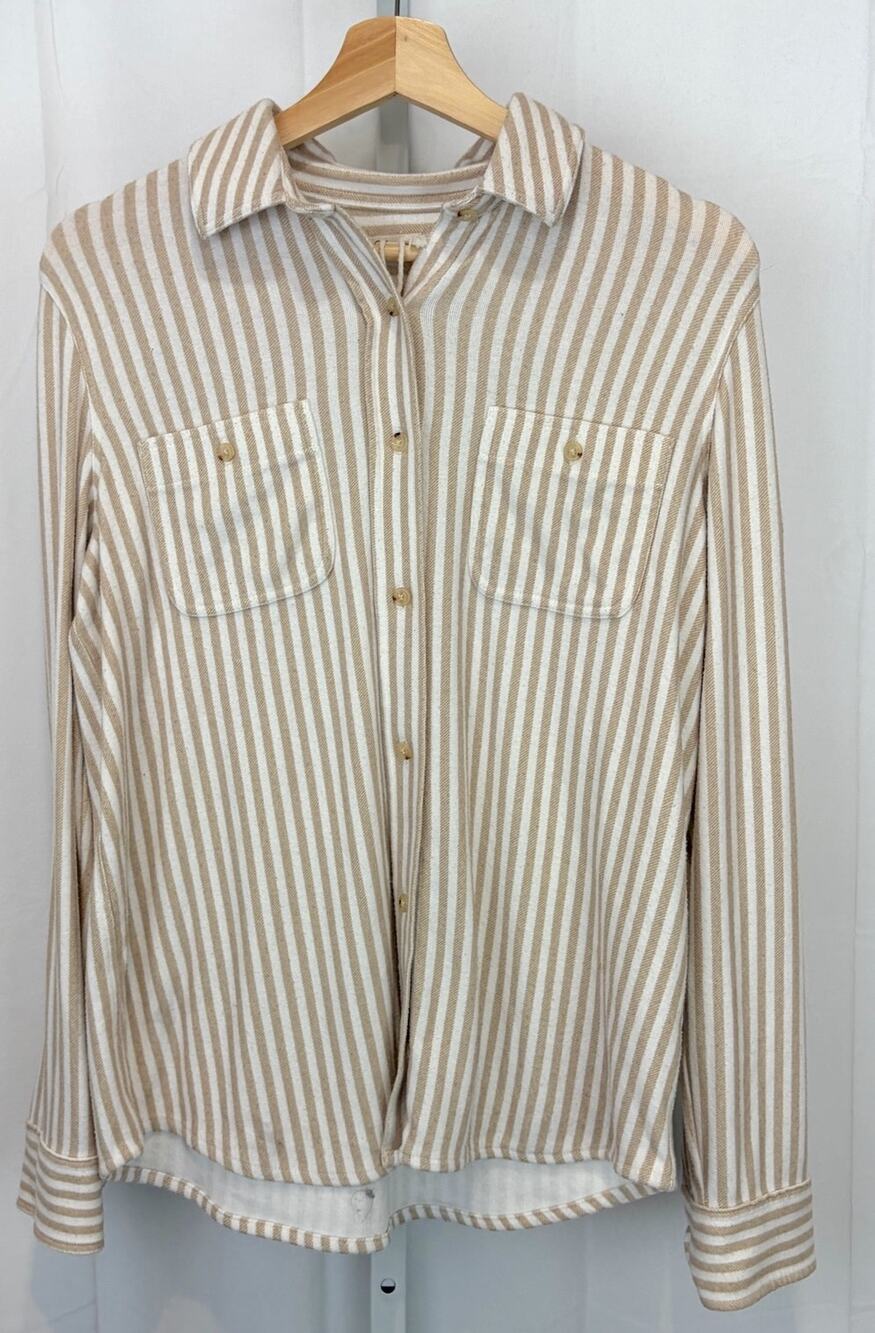 FAHERTY Legend Sweater Shirt Striped Long Sleeve Button Up Tan White Size S